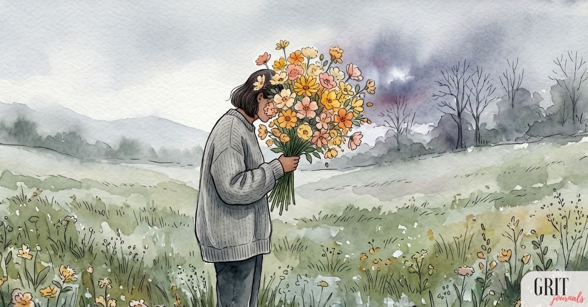 A woman is covering her sad face with beautiful flowers, symbolizing the fact that gratitude practice can sometimes used to mask real discomfort that has to be addressed instead