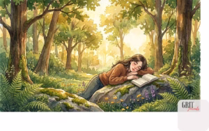 a woman is taking a nap in nature, she is calm, serene, relaxed. She has a book in her hand. This image is showing how nature can sometimes make us so relaxed that we fall asleep because of it rather than feel energized from it.